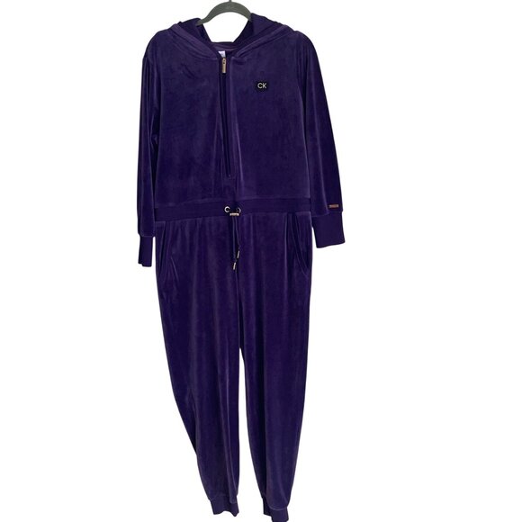 Calvin Klein Womens Jumpsuit Size Large Purple Velour Hooded Pockets Casual - Picture 1 of 16
